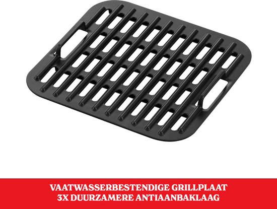 Zwarte, vaatwasserbestendige grillplaat met 3x duurzamere antiaanbaklaag, die goed is voor 800g.