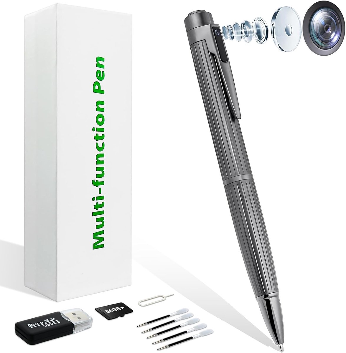 Verborgen Spionagepencamera 1080p met Bewegingsbewaking en 64GB Geheugen