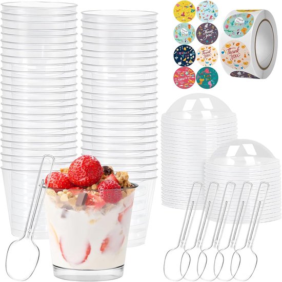 50 stuks dessertglazen, plastic, 180 ml, dessertkopjes, rond, met deksel en lepels, herbruikbare kunststof dessertkommen, mini-dessertbekers voor doe-het-zelf desserts, pudding, mousse, ijs