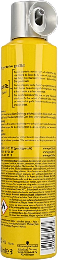 Achterkant van een gele spuitbus Got2b, met productinformatie in meerdere talen.