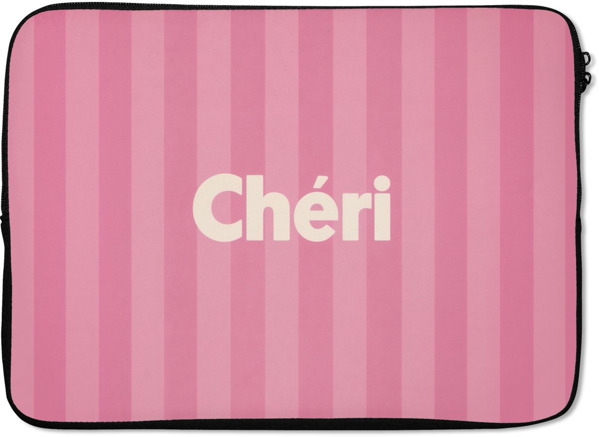 Laptophoes 14 inch - Gestreept - Roze - Chéri - Laptop sleeve - Binnenmaat 33x23 cm - Zwarte achterkant
