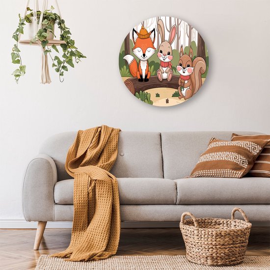Schattige bosdieren in illustratie - Dieren schilderij rond - Wandbord natuur - Digital Art - Dibond wandcirkel - Kantoor decoratie - muurcirkel aluminium 100x100 cm