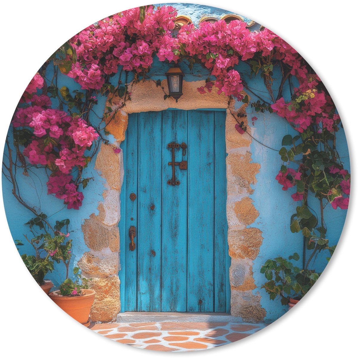 Muismat rond 40x40 cm - Mousepad Deur - Hout - Bloemen - Blauw - Ronde muismatten