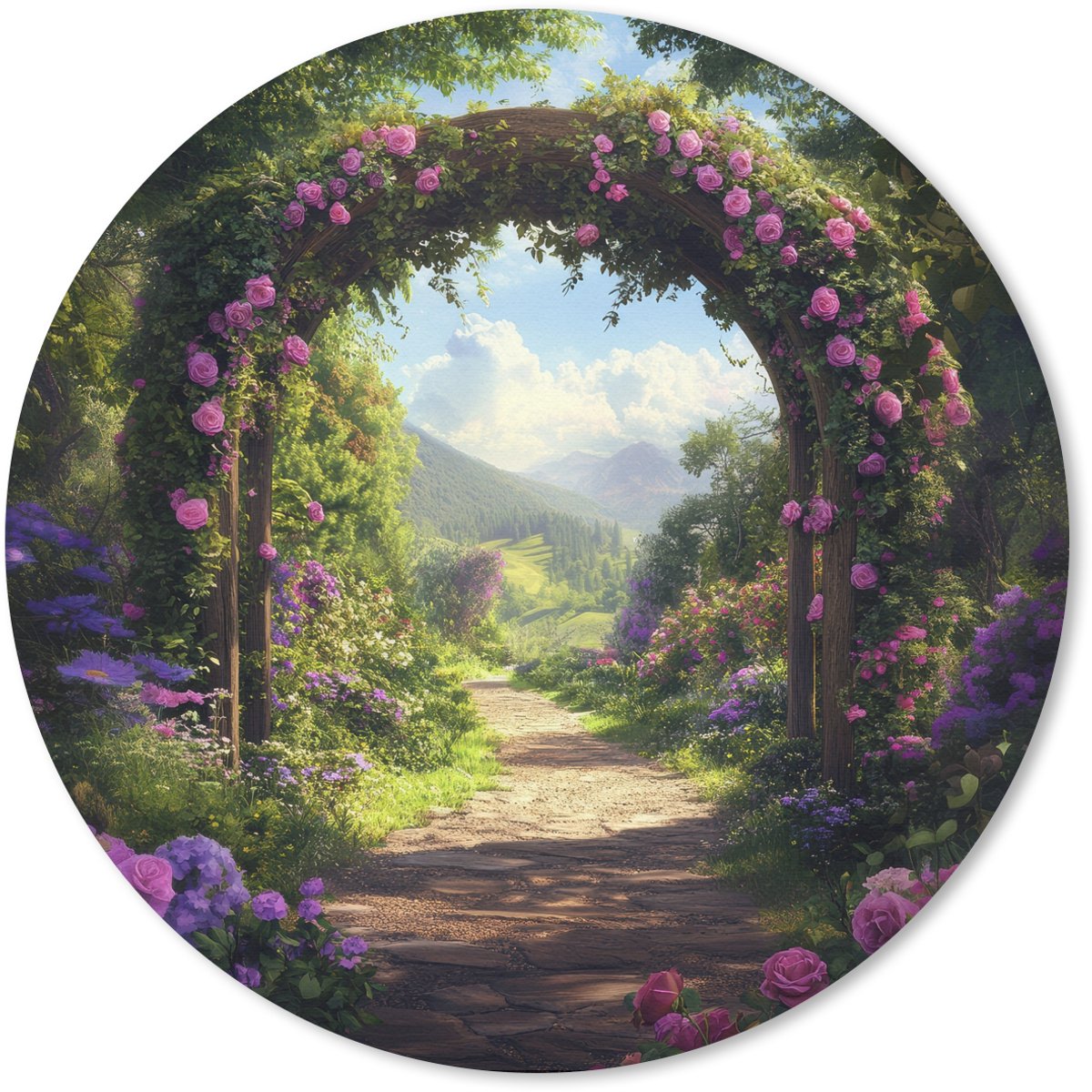 Muismat rond 50x50 cm - Mousepad Doorkijk - Rozenboog - Uitzicht - Landschap - Bloemen - Ronde muismatten