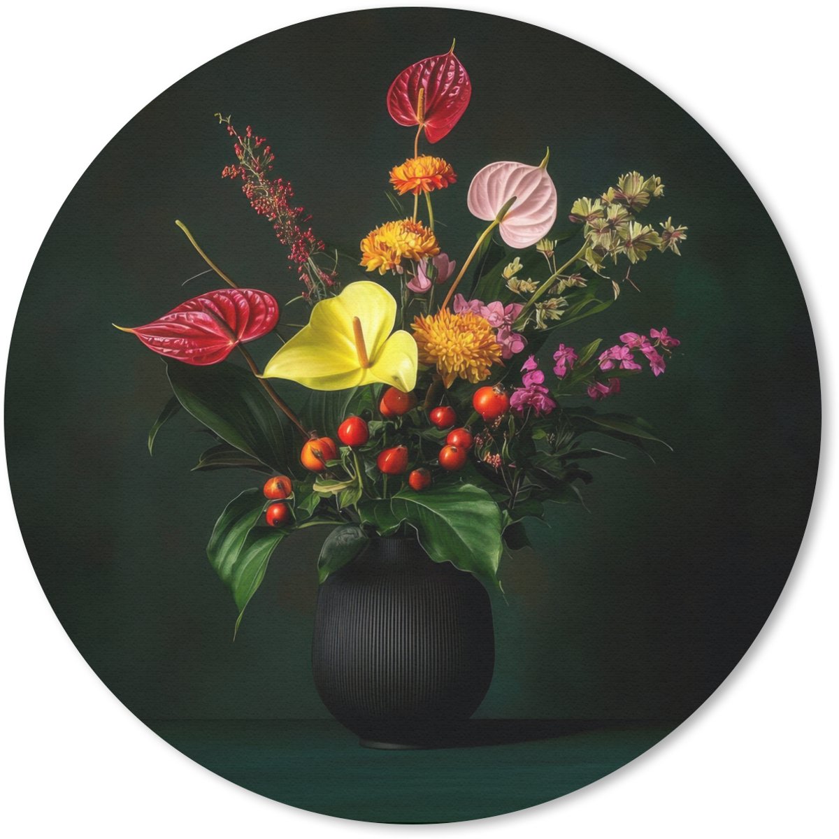 Muismat rond 20x20 cm - Mousepad Bloemen - Vaas - Zwart - Ronde muismatten