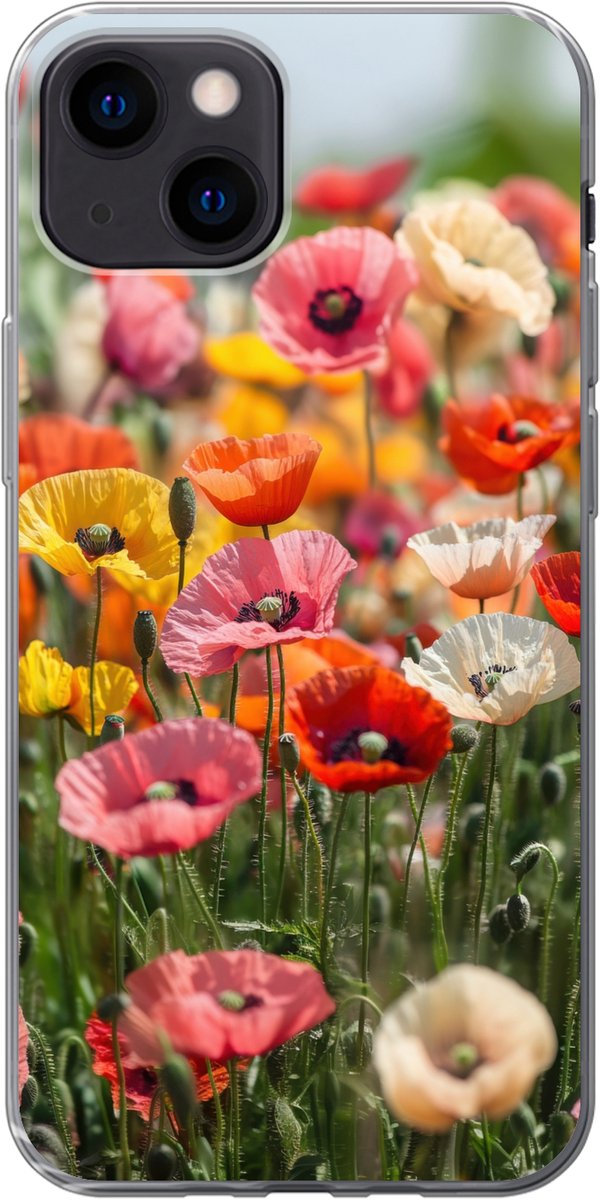 Telefoonhoesje Geschikt voor iPhone 13 mini hoesje - Bloemenveld - Klaprozen - Kleurrijk - Siliconen Telefoonhoesje Telefoonhoesje