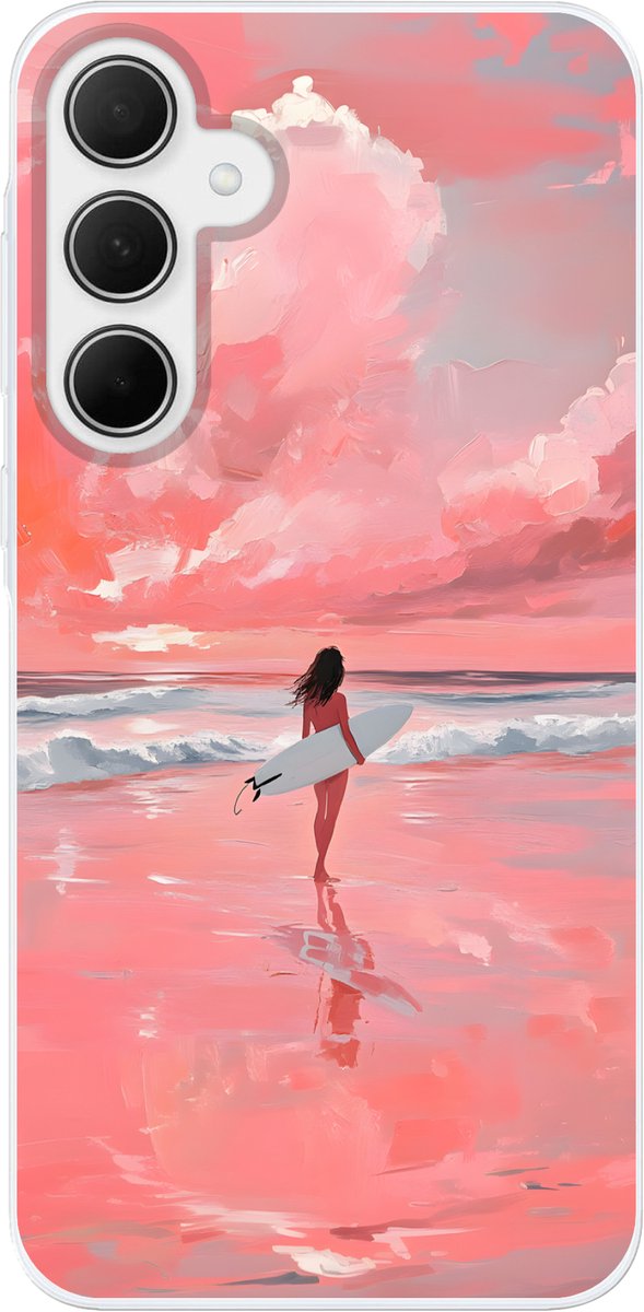 Telefoonhoesje Geschikt voor Samsung Galaxy A35 hoesje - Roze - Surfen - Zee - Siliconen Telefoonhoesje Telefoonhoesje