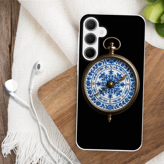 Telefoonhoesje Geschikt voor Samsung Galaxy A35 hoesje - Kompas - Delfts blauw - Zwart - Siliconen Telefoonhoesje Telefoonhoesje