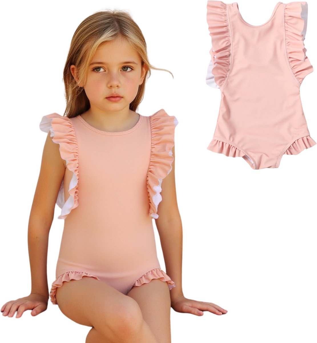 Joya Kids® Badpak Korte Mouw Licht Roze met Ruches Meisjes | Zwempak met ruches Pof Mouwen | Zwempak Lage Rug Kind Oudroze | Meisje Bikini Zomer | Kinderbadpak Peuter | Maat XL | 3-4 jaar