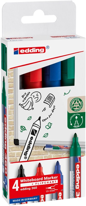Edding 360 whiteboard marker set met 4 kleuren: zwart, rood, blauw, groen. Ronde punt 1,5-3mm. Ook voor flipover papier.