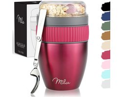 Milu Muesli Beker To Go | Yoghurt Beker To Go 400 ml | Geïsoleerde Roestvrijstalen Yoghurtbeker Voor Muesli | Lekvrije Mueslibeker met Lepel voor Yoghurt/Pap (Bes)
