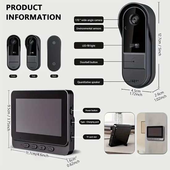 Productinformatie: Deurbel met 170° groothoekcamera, omgevingssensoren, LED-licht, drukknop, speaker. Monitor met 4.3" scherm, USB-C poort, SD-kaartslot.