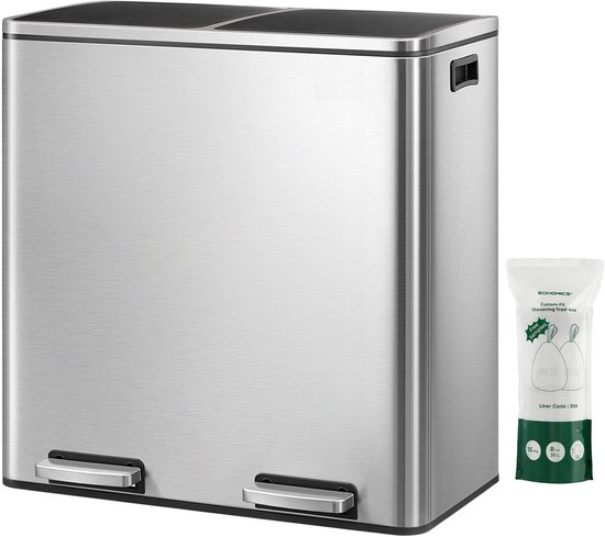 Songmics - Prullenbak - 60 Liter Inhoud (2x30) - Met 2 Gescheiden Bakken - RVS - Zwart