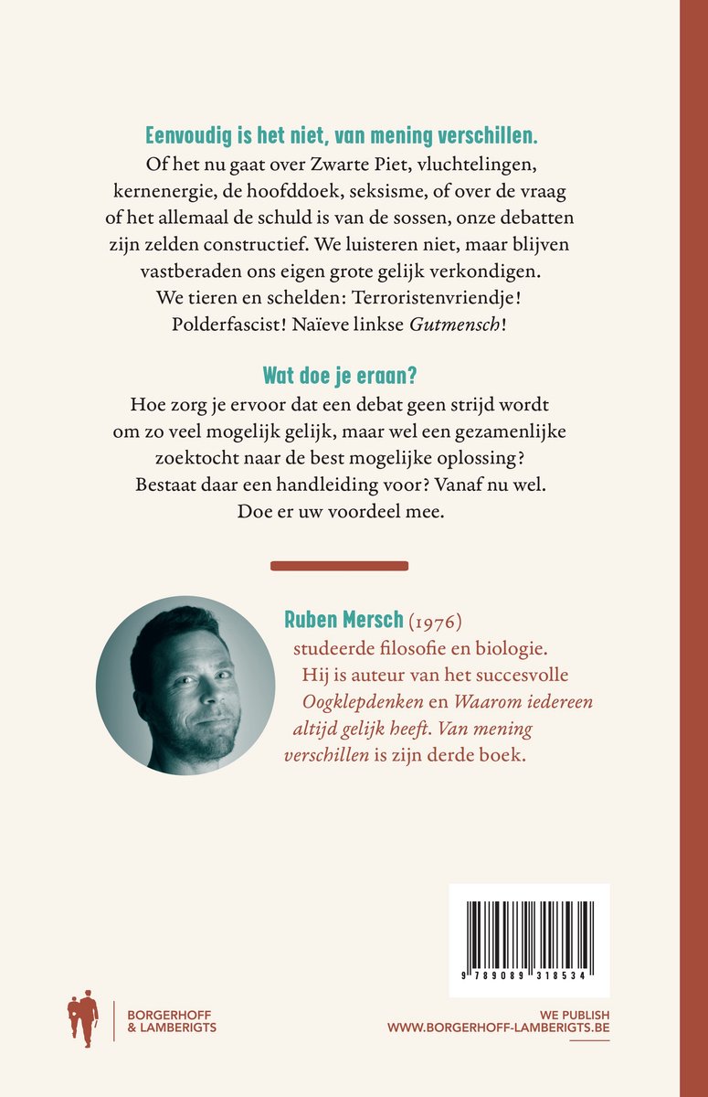 Achterkant van een boek met tekst over debatteren en een portret van Ruben Mersch.
