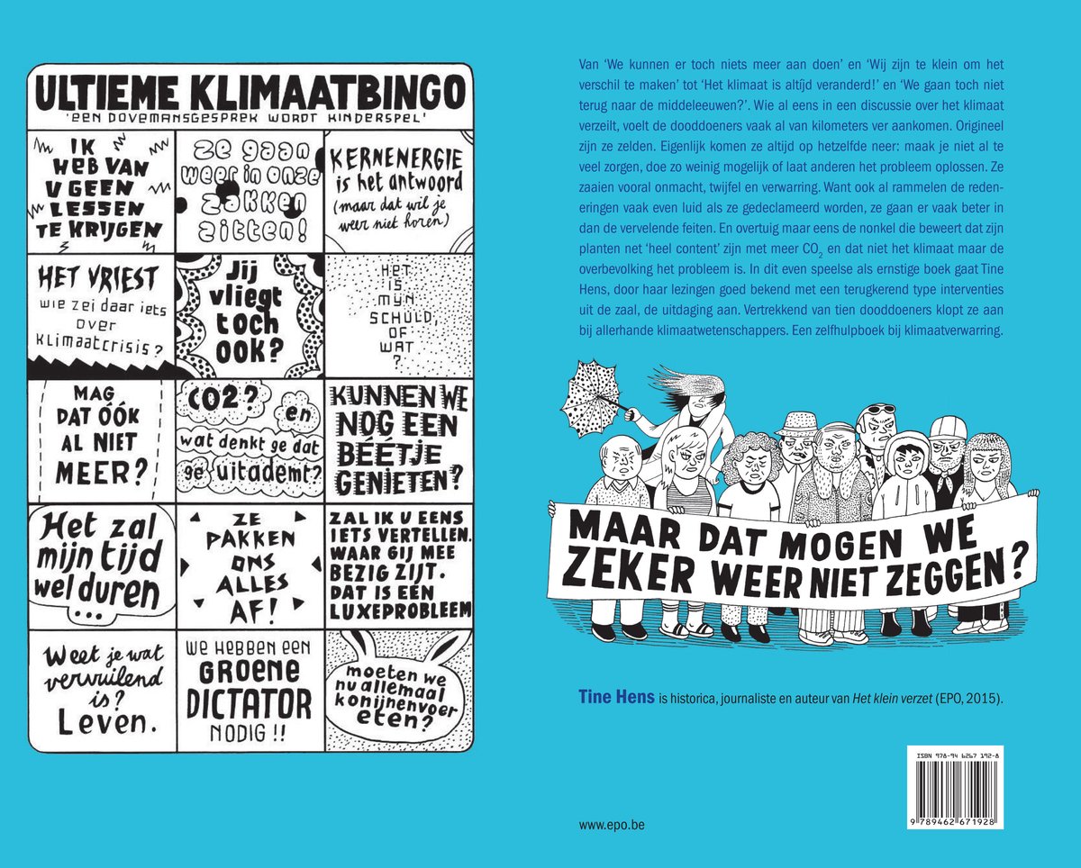 Boekomslag 'Ultieme Klimaatbingo'. Groep mensen met spandoek 'Maar dat mogen we zeker niet zeggen?'.