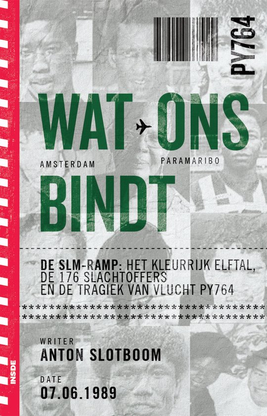 Boekomslag met de titel 'WAT ONS BINDT' in grote letters. Links rode strepen, rechts een passagierslijst en een barcode.