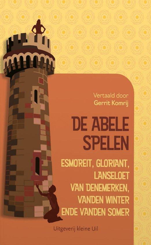 Boek kaft met toren en een figuur aan de voet. "De abele spelen" door Gerrit Komrij.