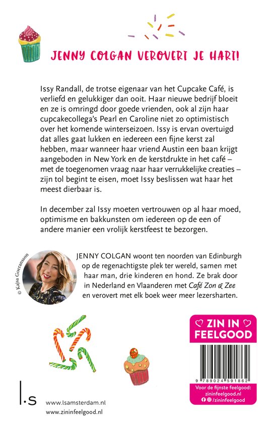 Achterkant boek: Jenny Colgan Verover je Hart met een foto van de schrijfster en kerstillustraties.