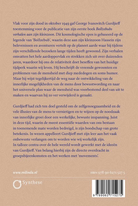 Boek met tekst over George Gurdjieff en zijn "Beëlzebubs verhalen aan zijn kleinzoon". Website en ISBN zichtbaar.