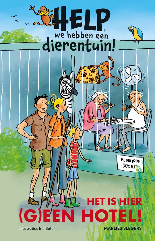 Boekomslag met de tekst "Help, we hebben een dierentuin! Het is hier (g)een hotel!". Gezin en bejaarden in een kooi met dieren.