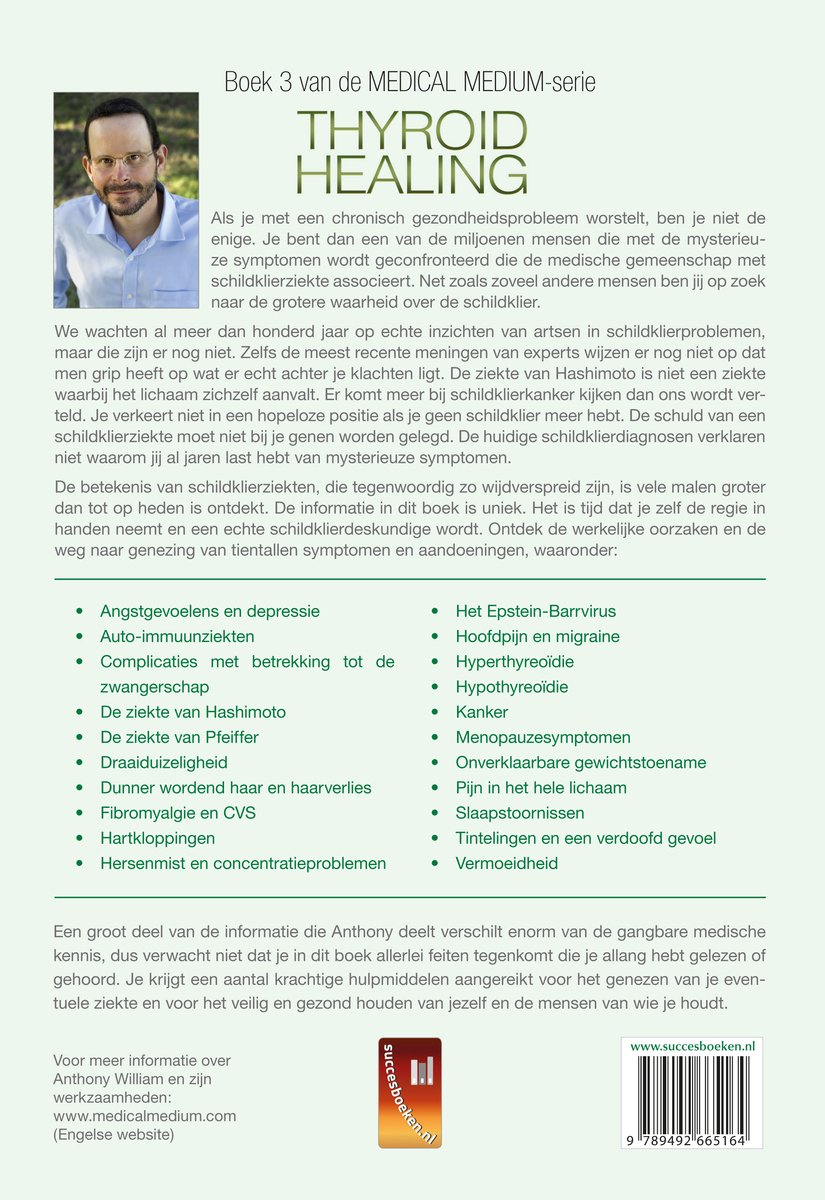 Boek "Thyroid Healing" met foto van Anthony William, lijst met klachten en de website.
