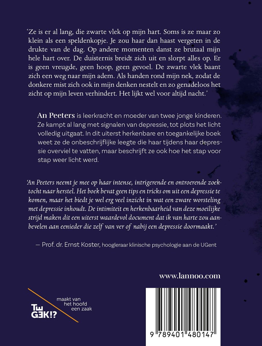Boekomslag met tekst over An Peeters' boek 'Wordt het ooit weer licht?', inclusief recensies.