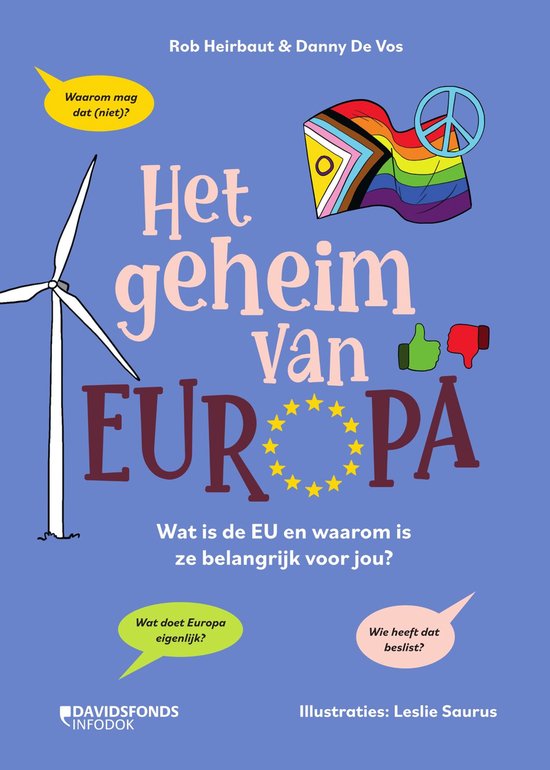 Boekomslag met de titel 'Het geheim van Europa' en illustraties van een windmolen, een regenboogvlag met vredessymbool en de tekst 'Waarom mag dat (niet)?'.