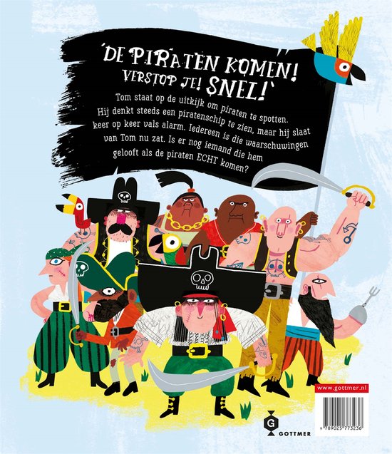 Een groep kleurrijke piraten met sabels en zwaarden, met een piraat met een schedel op zijn shirt en een vogel
