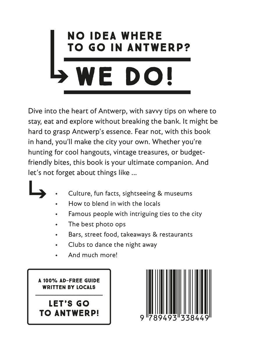 Dos d'un guide pour Anvers. Contient le texte 'NO IDEA WHERE TO GO IN ANTWERP? WE DO!' et une liste de sujets.