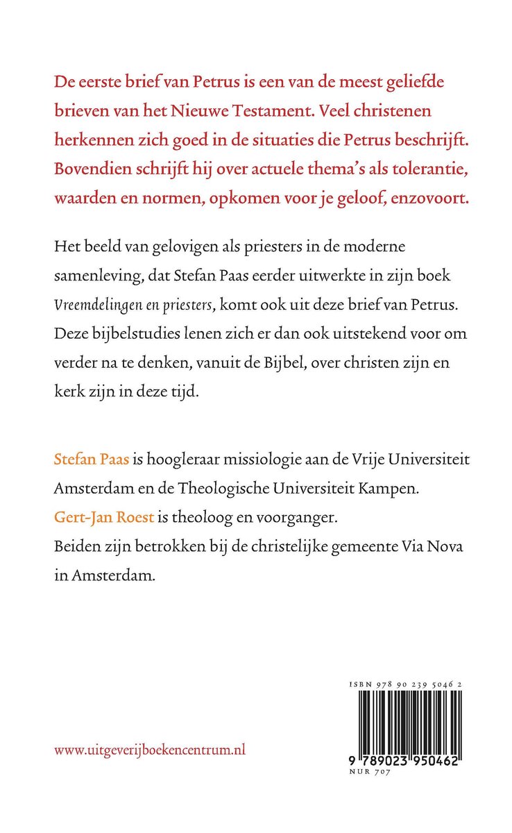 Achterkant boek met informatie over de Bijbelstudie 'Vreemde vogels'. ISBN en website vermeld.
