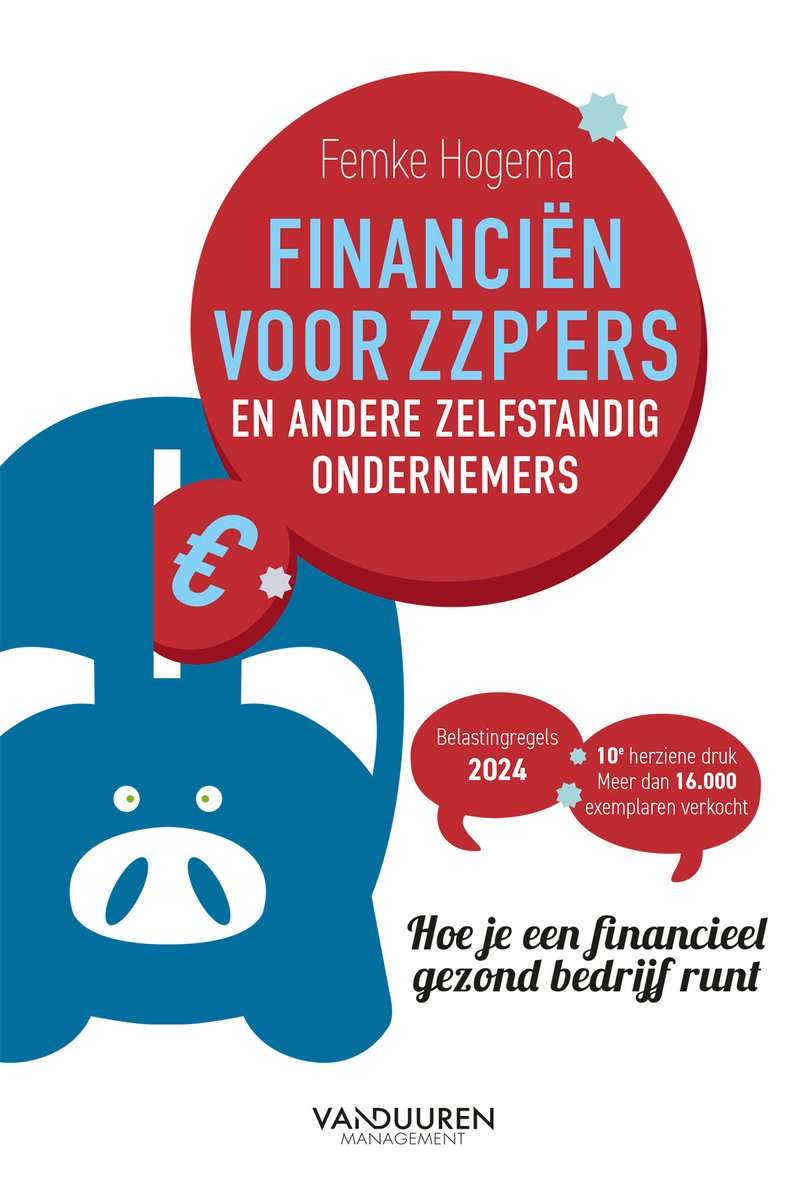 Boekomslag met een blauw spaarvarken en een rode cirkel met de titel 'FINANCIËN VOOR ZZP'ERS EN ANDERE ZELFSTANDIG ONDERNEMERS'.