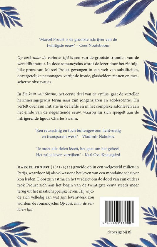 Achterkant boek met tekst over Marcel Proust en 'De kant van Swann'..