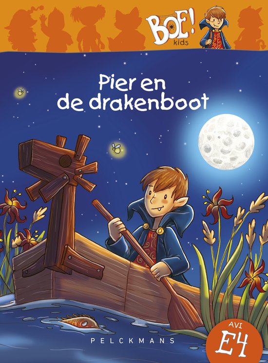 Boekcover met de titel 'Pier en de drakenboot', waarop Pier in een drakenboot roeit onder een volle maan.