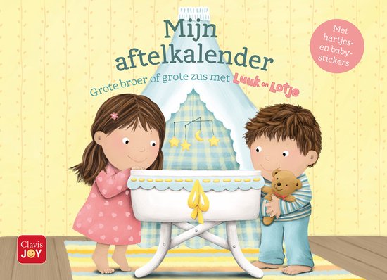 Mijn aftelkalender Grote broer of grote zus met Luuk en Lotje. Met hartjes- en baby-stickers. Een meisje in een roze jurk en een jongen met een teddybeer bij een wieg.