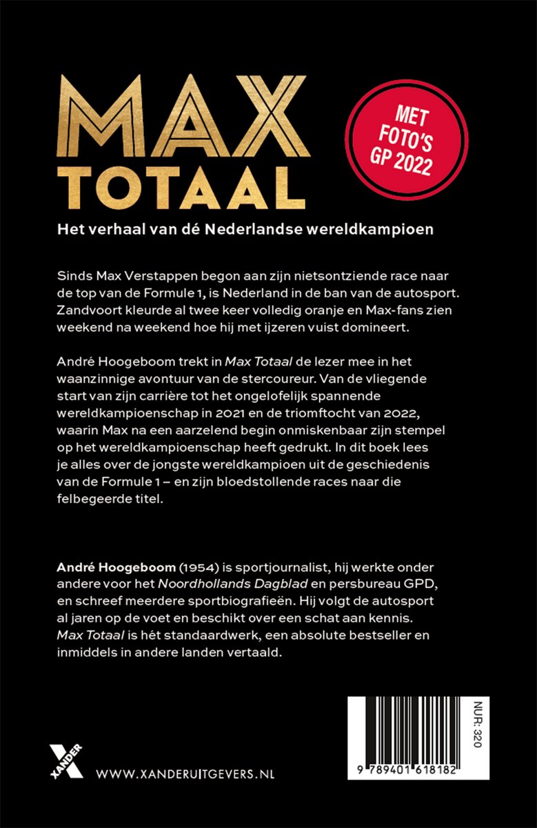 Boekomslag 'Max Totaal' met de tekst 'Het verhaal van dé Nederlandse wereldkampioen' en 'MET FOTO'S GP 2022'.