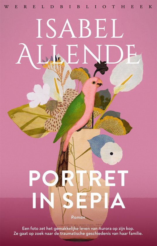 Couverture de livre "Portret in sepia" avec un oiseau rose et vert sur un vase de fleurs.