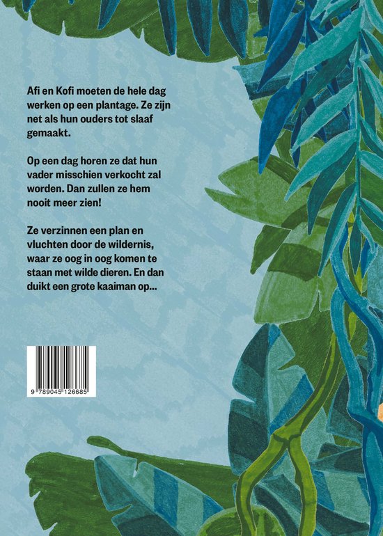 Achterkant van een kinderboek met een tropische achtergrond en tekst.