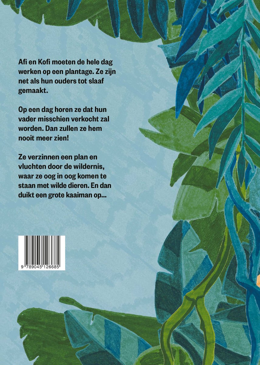 Achterkant van een kinderboek met een tropische achtergrond en tekst.