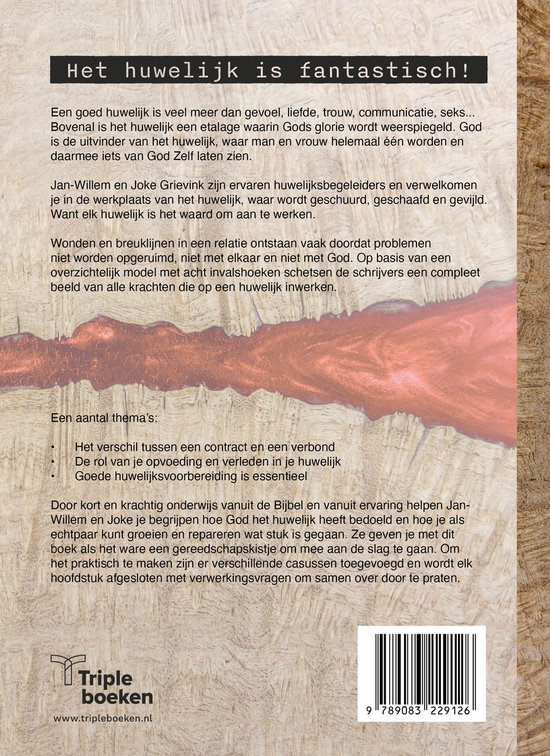 Achterkant boek 'Het huwelijk is fantastisch!' met tekst en streepjescode.