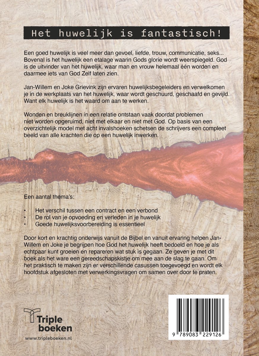 Achterkant boek 'Het huwelijk is fantastisch!' met tekst en streepjescode.