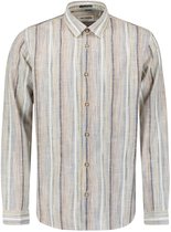 Een beige linnen mix blouse met verticale strepen in diverse kleuren, gedragen door een model. De blouse heeft lange mouwen en knopen aan de voorkant.