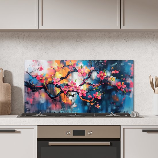 Spatscherm keuken 90x45 cm - Kookplaat achterwand Bloemen - Tak - Artistiek - Roze - Muurbeschermer - Spatwand fornuis - Hoogwaardig aluminium
