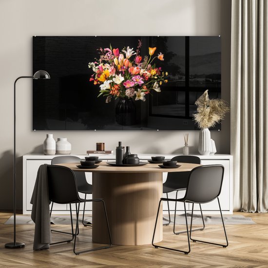 MuchoWow® Glasschilderij 160x80 cm - Schilderij acrylglas - Vaas - Bloemen - Tulpen - Foto op glas - Muurdecoratie woonkamer - Wanddecoratie slaapkamer - Schilderijen