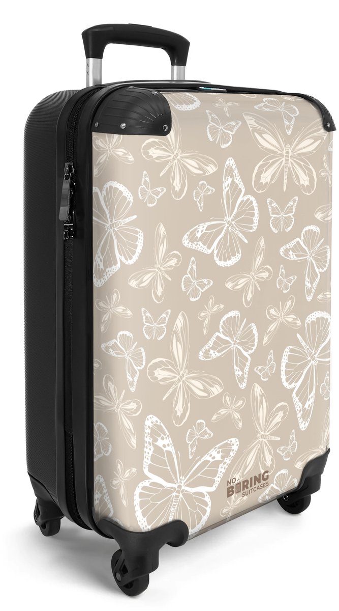 NoBoringSuitcases.com® - Handbagage koffer lichtgewicht - Reiskoffer trolley dames - Beige patroon van vlinders - Vakantie rolkoffer met wieltjes - Carryon suitcase - Flightcase - Cabin koffertje - Past binnen 55x40x20 en 55x35x25