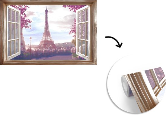 Behang - Fotobehang Doorkijk - Parijs - Eiffeltoren - Roze - Kersenbloesem - Breedte 390 cm x hoogte 260 cm