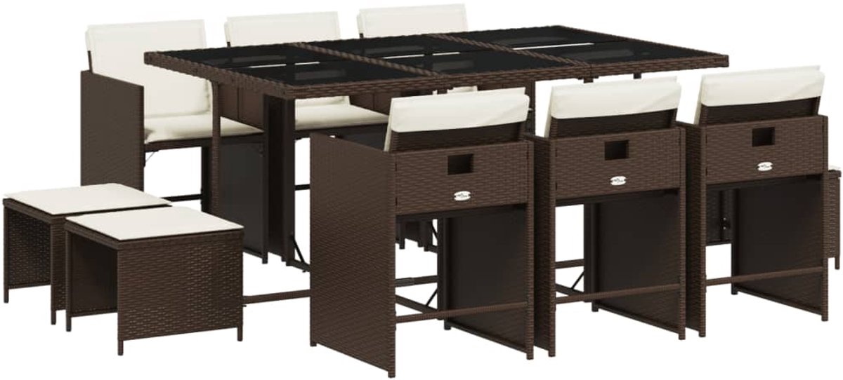 The Living Store 11-delige Tuinset met kussens poly rattan bruin - Tuinsets - Buitendecoratie - Lounge Set - Eetkamerset - Ratan Meubel