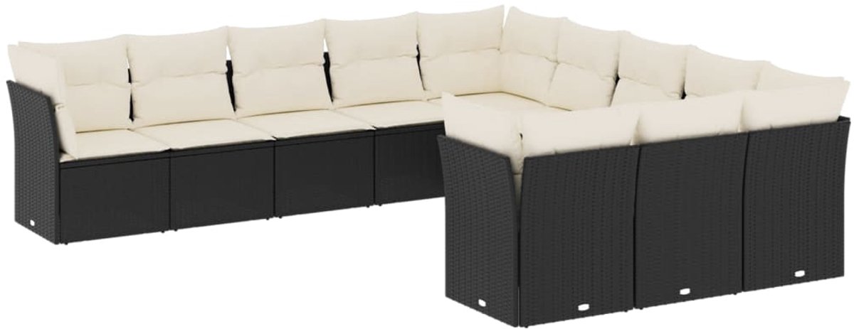 Zwarte poly rattan loungeset met kussens voor tuin en terras.