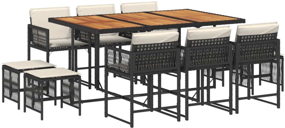 The Living Store 11-delige Tuinset met kussens poly rattan zwart - Tuinmeubles - Lounge Set - Buitentijd - Outdoor Living - Patio Furniture