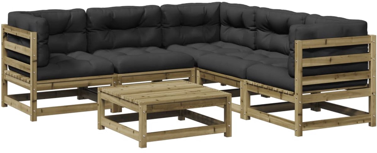 The Living Store 6-delige Loungeset met kussens geïmpregneerd grenenhout - Loungeset - Hoekbank - Tuinset - Buitendrank - Houten Bank
