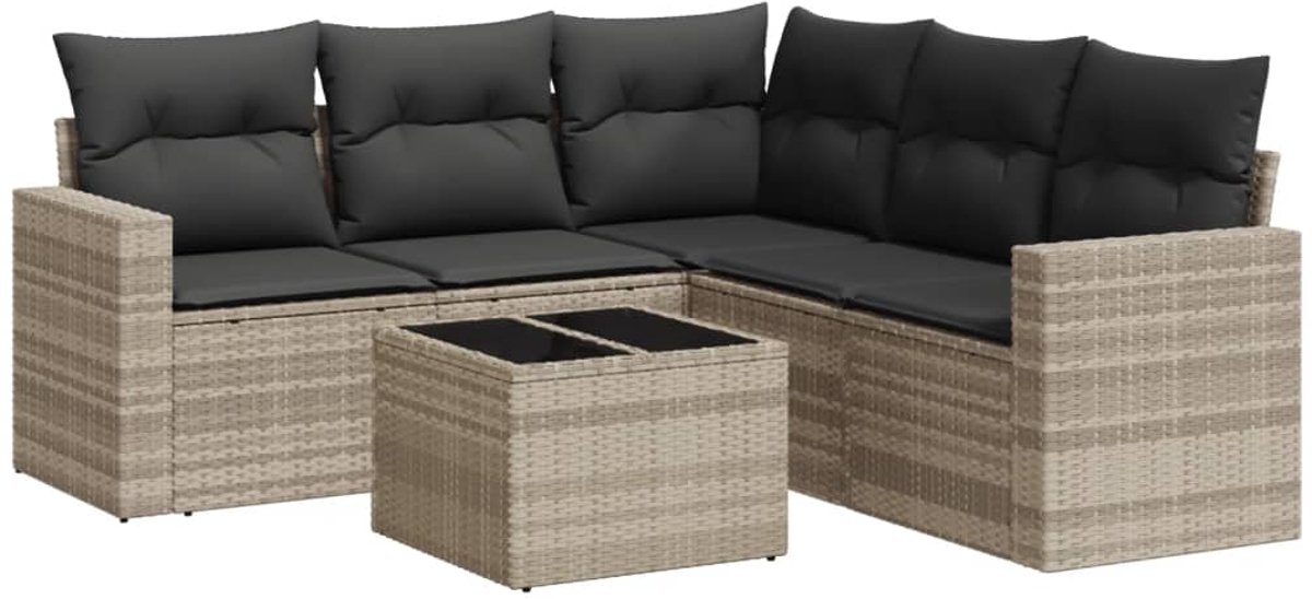 Moderne poly rattan loungeset in lichtgrijs met kussens - Tuinmeubelset buiten.